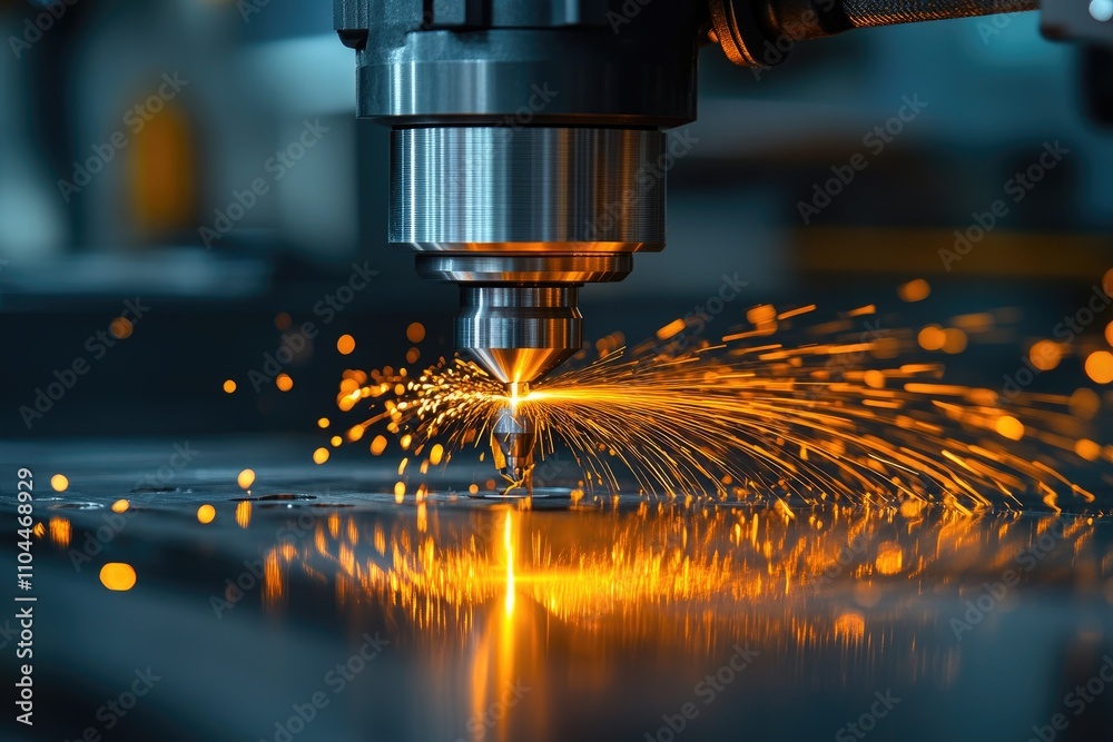 Aufkleber laser cutting machine creating sparks while engraving metal sheet