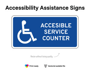 Accessibility assistance signs. Accesible service counter. Assistance sign with wheelchair symbol. Blue horizontal rectangle.