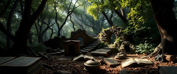 Obraz premium Mysterious Forest Ruins with Dark Academia Elements