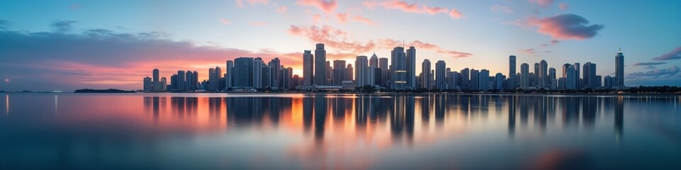 Fototapeta premium Modern city skyline at sunrise reflects on tranquil water. Skyscrapers line waterfront. Dramatic colors of dawn in sky. Urban landscape shows business, travel. Panoramic view of metropolis. Beautiful