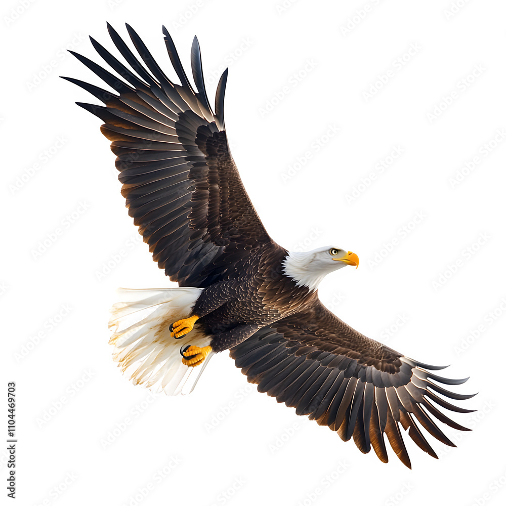 Poster majestic bald eagle gracefully soaring with wide open wings, isolated on a clear background