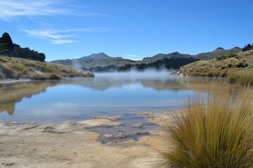 Fototapeta premium A tranquil geothermal spring emits gentle steam under a clear blue sky, surrounded by mist-shrouded mountains and grass, creating a serene morning atmosphere.