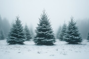 Fototapeta premium Evergreen trees covered with snow in a misty winter wonderland