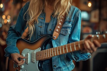 Young female musician playing electric guitar in recording studio