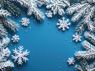 Minimalist Christmas composition with branches of a tree, red berries and snowflakes on blue background. Perfect backdrop for holiday postcards, invitations and social media posts