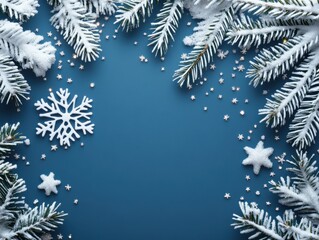 Minimalist Christmas composition with branches of a tree, red berries and snowflakes on blue background. Perfect backdrop for holiday postcards, invitations and social media posts