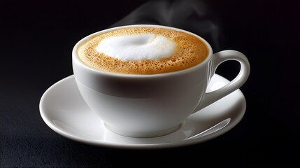 Fototapeta premium Cappuccino in classic white mug isolated on black backdrop. Coffee, drink and hot beverage background