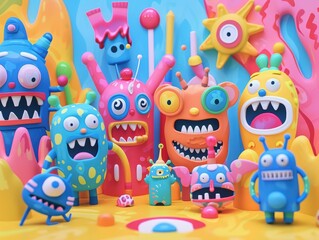 Colorful cartoon monsters in a vibrant, playful setting.