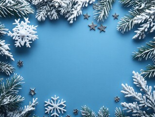 Minimalist Christmas composition with branches of a tree, red berries and snowflakes on blue background. Perfect backdrop for holiday postcards, invitations and social media posts