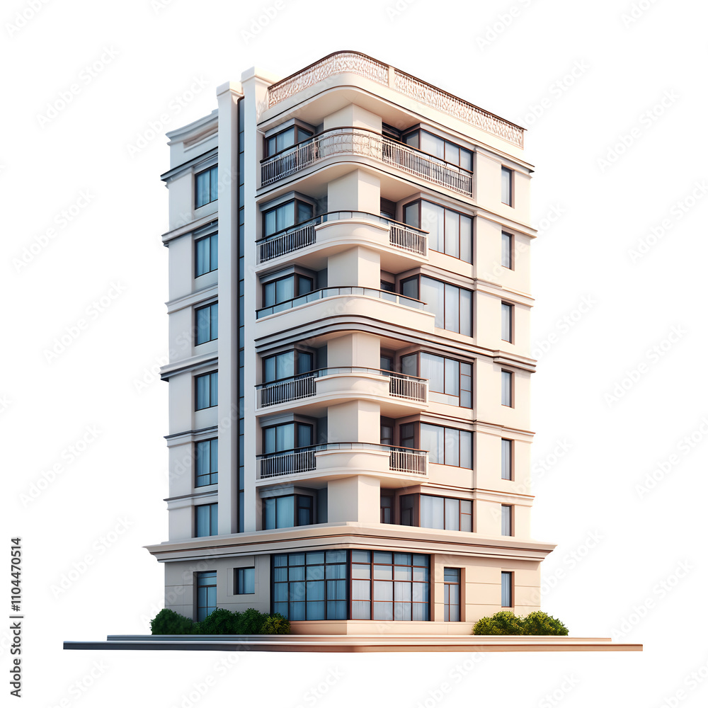 Poster modern multi-story residential building with balconies and large windows, isolated on transparent ba