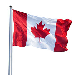 Canadian flag proudly waving against a clear background, representing national pride and identity with the iconic maple leaf