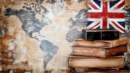 Celebrating English language day with vintage books, world map, and British flag for educational design. Horizontal banner. Copy space. International Mother Language Day. World book day