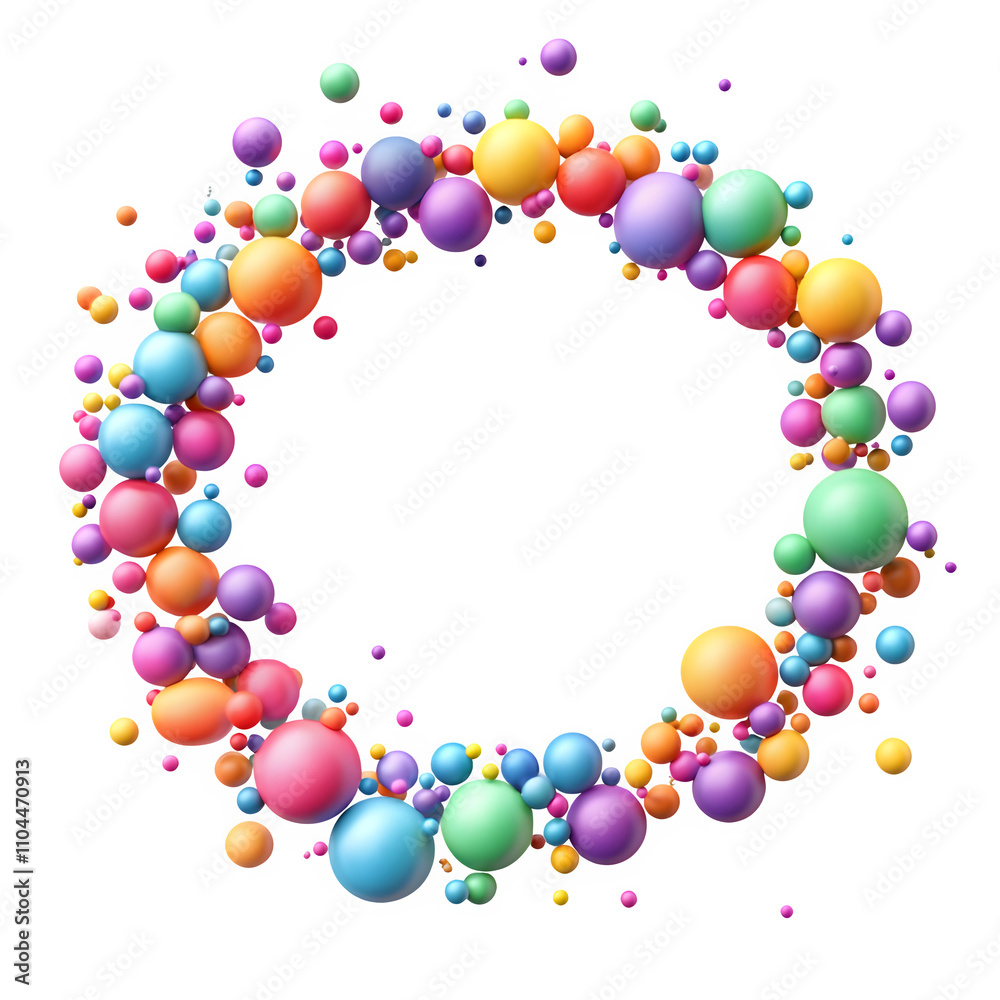 Poster Multicolored balls of different sizes creating a circular frame on a transparent background