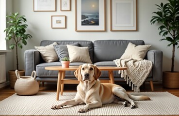 Obraz na płótnie Canvas Dog relaxing in stylish scandinavian living room. Beige dog lies on light beige carpet near grey sofa. Wooden table, decor accessories are also present. Calm, cozy home interior. Scandinavian style.