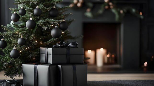 A modern christmas tree with all matte black gifts stacked next to it, the gifts have ornaments attached on top as a decor topper