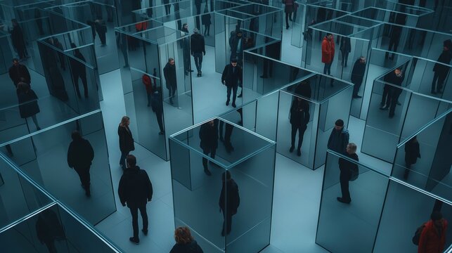 People walking through a complex mirror maze with reflective glass walls, creating multiple reflections and a disorienting experience.