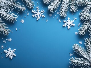 Minimalist Christmas composition with branches of a tree, red berries and snowflakes on blue background. Perfect backdrop for holiday postcards, invitations and social media posts