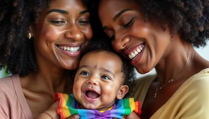 Happy same-sex African American mothers, baby girl celebrate modern family. Loving mothers embrace child with joy. Family diversity highlighted in cozy setting. LGBTQ representation apparent.