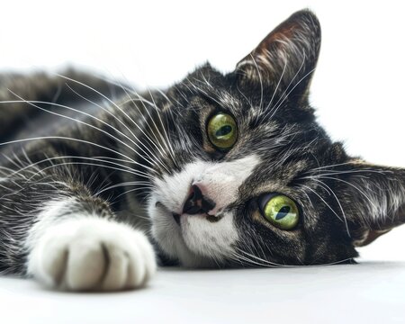 A close-up of a grey tabby cat with striking green eyes, lying comfortably on a soft surface.