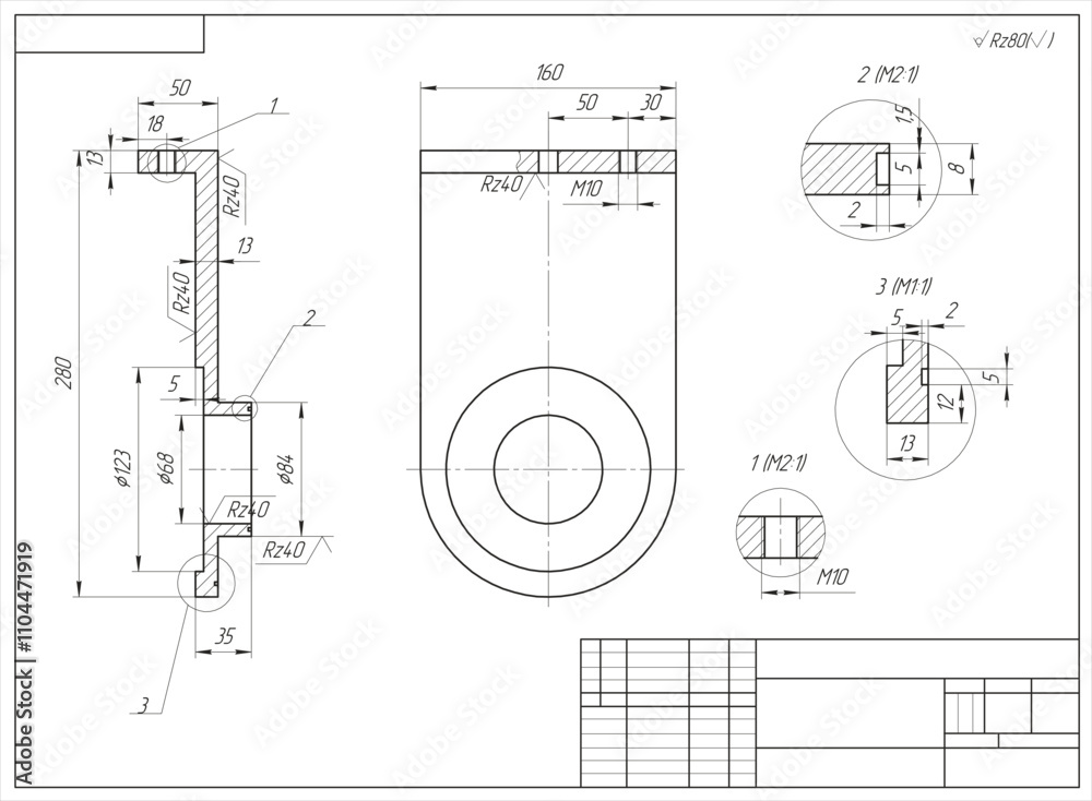 Wall mural vector mechanical part of machine - bracket. engineering assembly drawing of steel device with dimen
