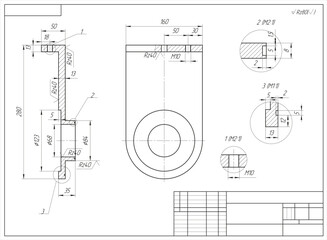 Vector mechanical part of machine - bracket.
Engineering assembly drawing of steel device
with dimension lines. Industrial technic 
cad scheme on white paper sheet. Machined tool. 