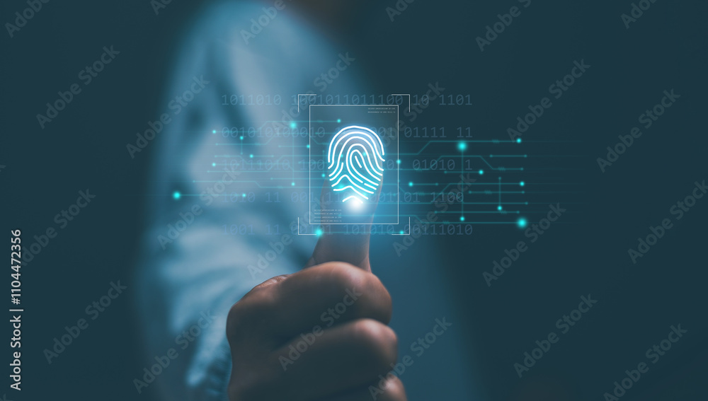 Aufkleber Concept of surveillance and security scan for digital cyber futuristic applications. Businessman fingerprint scan and biometric authentication, Innovation for protection from digital cybercrime.