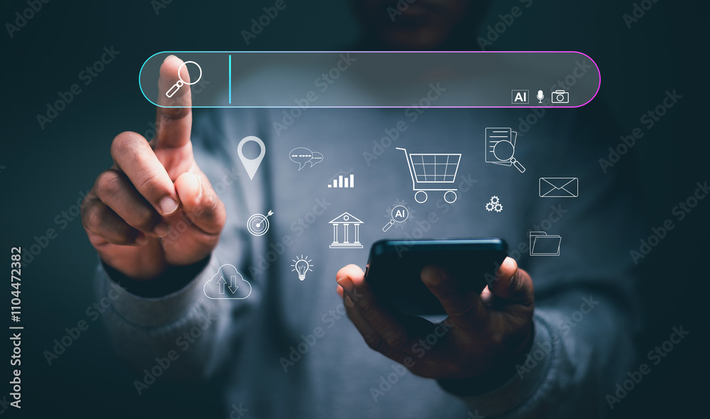 Leinwandbilder search engine optimization, seo. data search technology, man using a smartphone and finger point to 