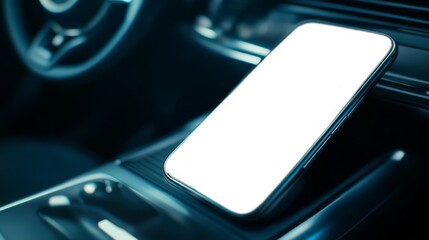 Phone mockup on car dashboard.