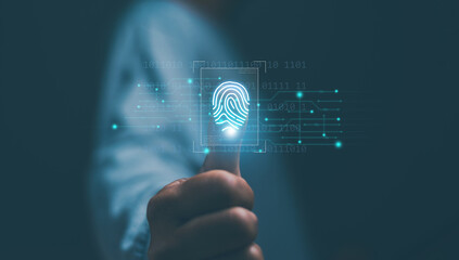 Concept of surveillance and security scan for digital cyber futuristic applications. Businessman fingerprint scan and biometric authentication, Innovation for protection from digital cybercrime.