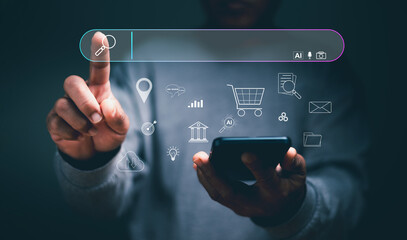Search Engine Optimization, SEO. Data Search Technology, Man using a smartphone and finger point to...