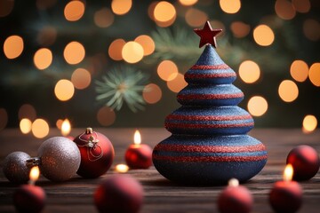 Fabulous winter composition with small tree and warm light of candles. Perfect background for creating New Year’s collages and postcards.