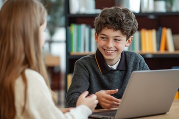 Two school kids interact near computer. Smiling boy uses laptop. Girl listens attentively. In a classroom or library setting. Casual discussion. Friendly interaction and education concept.