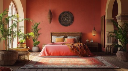Bedroom interior with Home decoration mock up. comfortable bedding publicity poster. Cozy interior design of bedroom. Beautiful duvet cover, Arabic style, romantic bedroom interior.