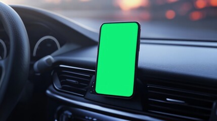 Phone mockup on car dashboard.