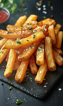 A close-up of crispy, golden French fries garnished with herbs and salt on a dark slate plate.