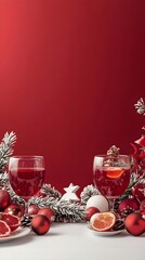 Table with glasses of mulled wine and Christmas decorations with empty space for text