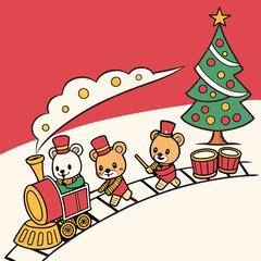 A whimsical parade of marching toys, including a train set, teddy bears, drums, and nutcrackers, each with a cheerful expression Vector Artwork