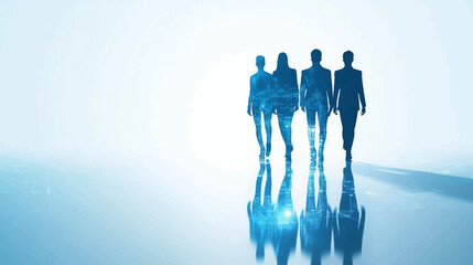 High tech digital technology and business team concept with a group of people in silhouette standing together, in blue colors, on a white background, with space for text vector illustration.