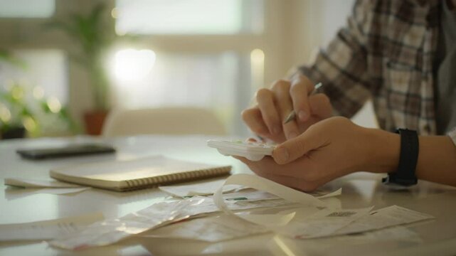 A person is using their smartphone, with handwritten notes and receipts scattered on the table, suggesting they are organizing or tracking information. Natural light fills the room