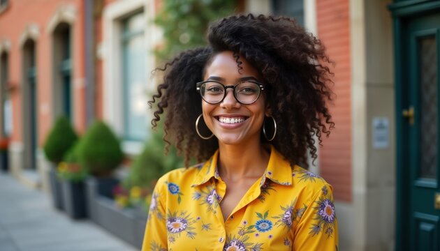 Smiling young woman with curly hair, glasses stands outdoors. Wears yellow floral shirt. Casual, confident style. Urban setting. Positive, happy expression. Attractive, fashionable person. Stylish