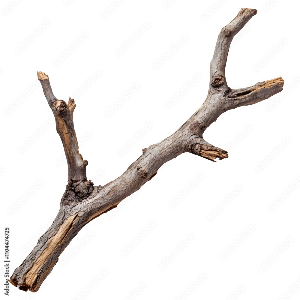 Poster close-up of a weathered, dry tree branch with broken twigs, isolated on a transparent background, pe
