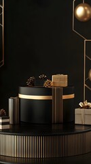 A black gift box with gold edges and slats on a table in a luxury, modern style podium with different gifts
