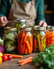 Person preparing homemade canned vegetables. Glass jars filled with pickled carrots, cabbage, vegetables. Home preservation concept. Healthy food. Kitchen garden ingredients. Fresh organic produce.