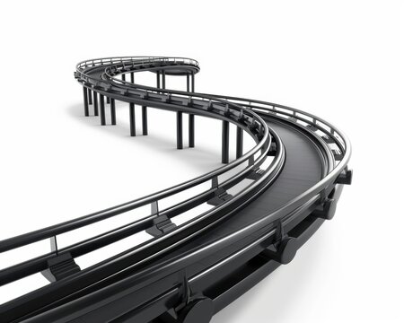Curving black roller coaster track on a white background, creating a sense of motion and excitement.