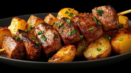 Succulent skewers of marinated meat paired with perfectly roasted potatoes create a tantalizing dish ready to savor