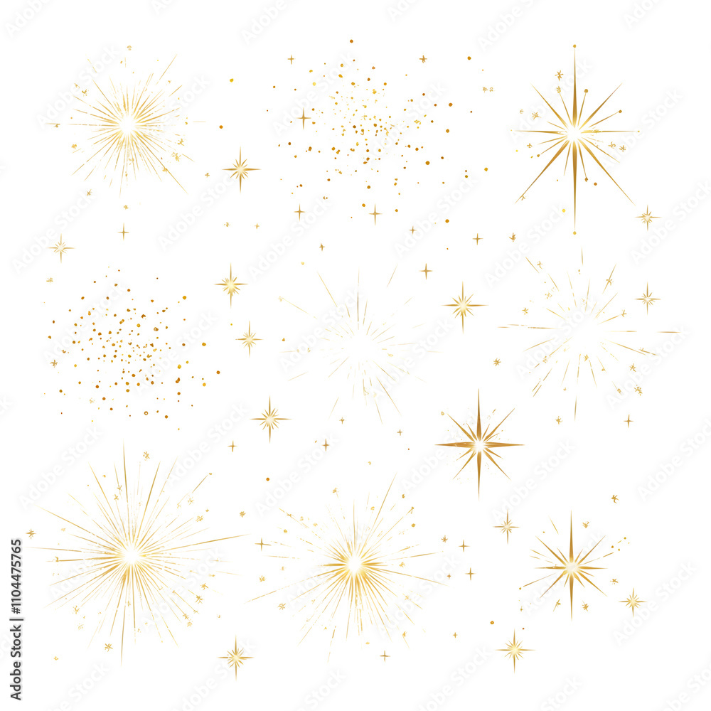 Poster set of sparkling golden firework bursts creating a festive atmosphere, ideal for celebrations and sp