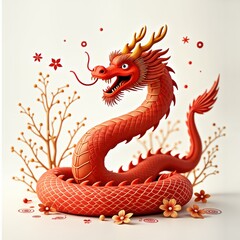 Obraz premium Red, gold dragon illustration for Chinese New Year. Dragon symbolises power, good fortune in Asian culture. Image isolated on white background. Design includes decorative floral elements. Suitable