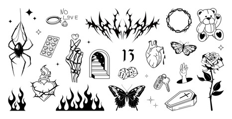 Teenage set of feelings, emotions, associations - goth and emo teenagers, retro set from the 90s and 00s. Stickers, flash tattoo, monochrome Y2K set. Depression and unrequited love. Vector Y2K tattoo