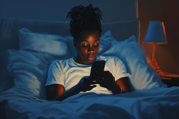 A woman is lying in bed and looking at her cell phone