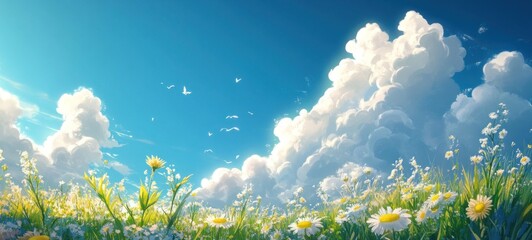 Obraz premium Dreamy Summer Meadow Under a Sky of Fluffy Clouds